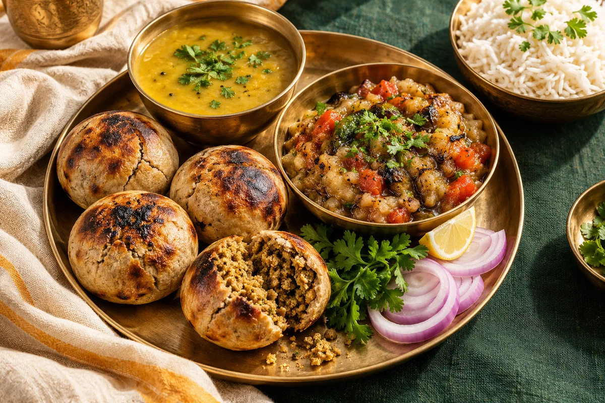 A Bihari meal with roasted litti, chokha, dal and rice on a brass thali